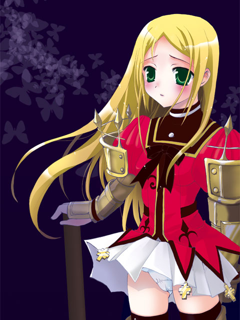 ridley timberlake, radiata stories, 1girl, armor, armored dress, blonde hair, blush, dress, female focus, green eyes, long hair, panties, pantyshot, solo, thighhighs, underwear, white panties, wind