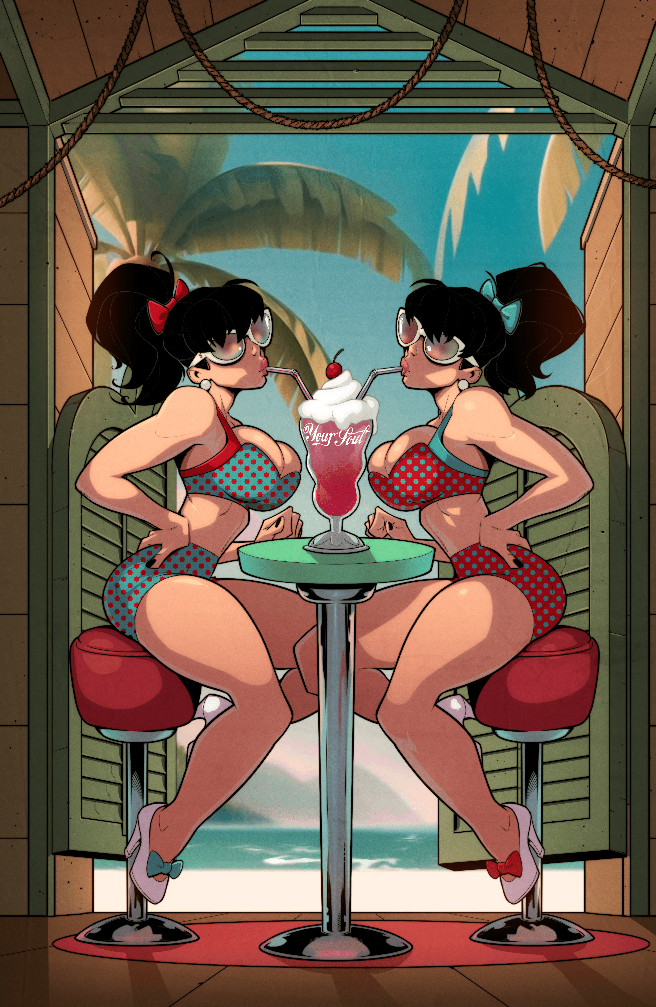 cherrymousestreet, my mom and sister are size queen sluts, absurdres, highres, 2girls, aqua bikini, beach, bikini, black hair, blue sky, cherry, day, drinking straw, food, fruit, hand on own hip, high heels, milkshake, multicolored bikini, multiple girls, palm tree, polka dot, polka dot bikini, ponytail, red bikini, red nails, shoes, siblings, sky, sunglasses, swimsuit, tree, twins, two-tone bikini, valentina herron, vanessa herron, white-framed eyewear, white shoes