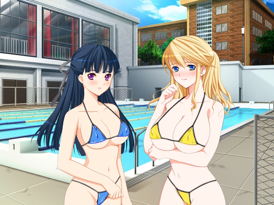 koizumi amane, akiyama cindy, takatou mizuki, chikan senyou sharyou, prima stella, breast hold, game cg, non-web source, source request, third-party edit, 2girls, bikini, blonde hair, blue eyes, blue hair, blush, breasts, crossed arms, day, huge breasts, large breasts, light smile, long hair, micro bikini, multiple girls, navel, pool, purple eyes, sideboob, swimsuit, underboob, vanishing point