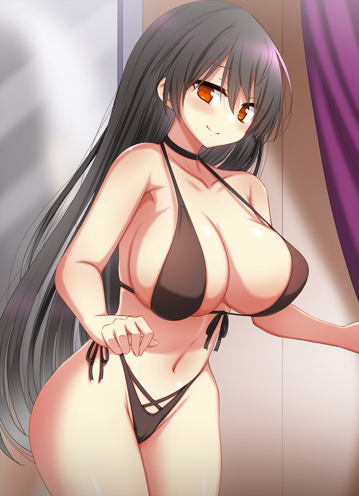 tori (minamopa), miracle tou, rance (series), highres, 1girl, bare shoulders, bikini, black bikini, black hair, blush, breasts, curtains, front-tie bikini top, front-tie top, large breasts, long hair, looking at viewer, mirror, navel, orange eyes, side-tie bikini bottom, smile, solo, swimsuit