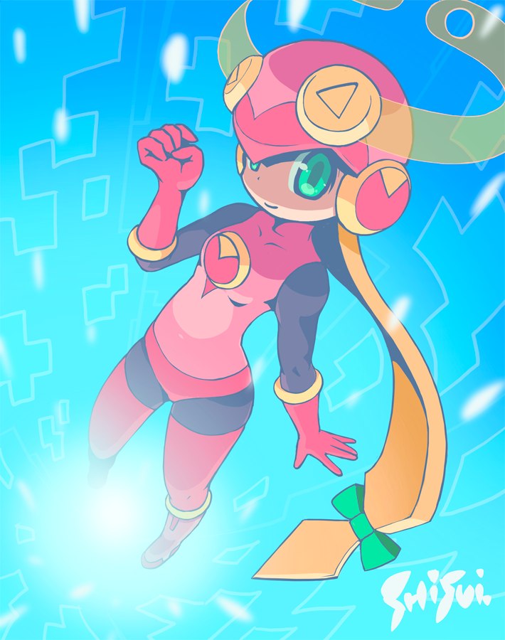 shisui, roll.exe (mega man), mega man (series), mega man battle network (series), 1girl, artist name, blonde hair, bodysuit, boots, bow, closed mouth, full body, gloves, green bow, hair bow, helmet, long hair, looking at viewer, low-tied long hair, pink boots, pink gloves, pink helmet, smile, solo, very long hair