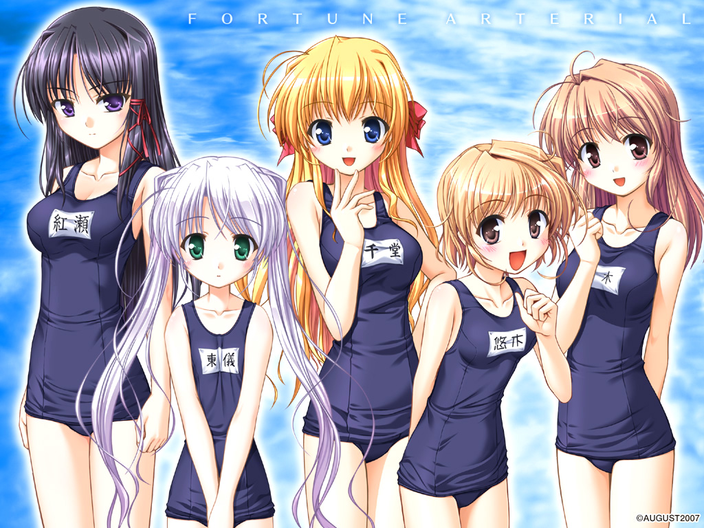 bekkankou, kuze kiriha, sendou erika, tougi shiro, yuuki haruna, yuuki kanade, fortune arterial, non-web source, official art, official wallpaper, 5girls, arm behind back, blue background, copyright name, copyright notice, dated, multiple girls, one-piece swimsuit, school swimsuit, swimsuit
