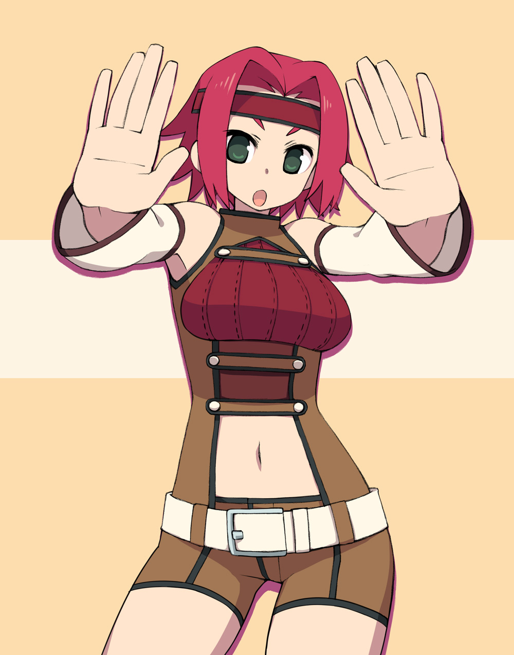 chan co, kouzuki kallen, code geass, highres, 00s, 1girl, :o, bare shoulders, cowboy shot, detached sleeves, female focus, green eyes, headband, midriff, navel, open hands, open mouth, red hair, short hair, sleeveless, sleeveless turtleneck, solo, turtleneck
