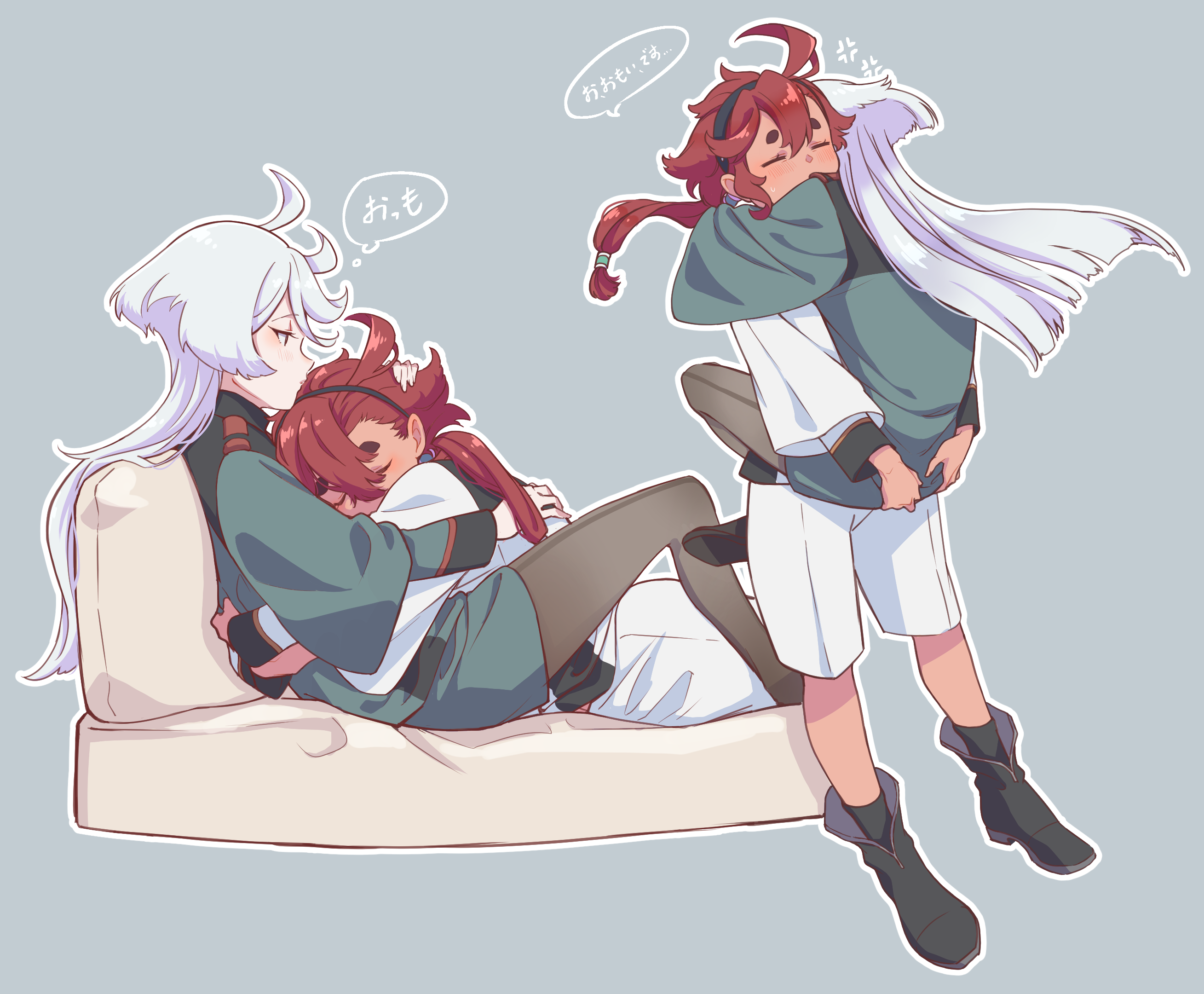 spoon (tamakakama), miorine rembran, suletta mercury, gundam, gundam suisei no majo, commentary request, highres, translated, 2girls, ahoge, anger vein, asticassia school uniform, black boots, black hairband, black pantyhose, boots, closed eyes, grey background, grey hair, hair between eyes, hairband, hug, leg lock, long hair, low ponytail, multiple girls, multiple views, outline, pantyhose, pantyhose under shorts, ponytail, red hair, school uniform, shorts, shoulder boards, simple background, sleeping, speech bubble, swept bangs, thick eyebrows, thought bubble, white hair, white outline, yuri