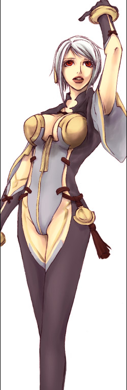 lady (shadow hearts), shadow hearts, shadow hearts from the new world, 1girl, arm up, black gloves, black thighhighs, breasts, cleavage, elbow gloves, female focus, gloves, leotard, looking at viewer, red eyes, simple background, solo, standing, thighhighs, white background, white hair