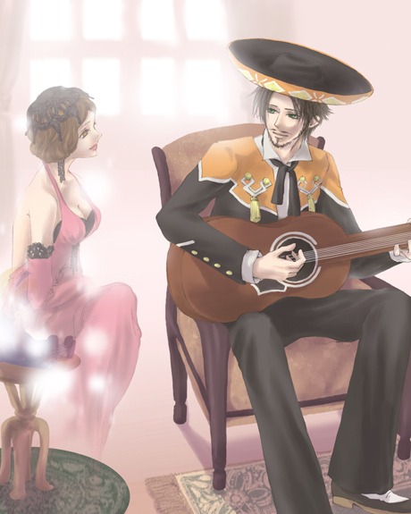 edna capone, ricardo gomez, shadow hearts, shadow hearts from the new world, 1boy, 1girl, acoustic guitar, brown eyes, brown hair, green eyes, guitar, hat, instrument