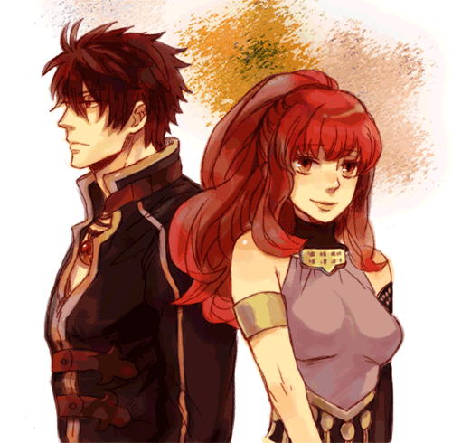 karin koenig, yuri hyuga, shadow hearts, shadow hearts ii, uniform, lowres, 1boy, 1girl, armlet, back-to-back, bare shoulders, black hair, blush, breasts, expressionless, jewelry, large breasts, lips, long sleeves, manly, sash, smile, spiked hair, upper body