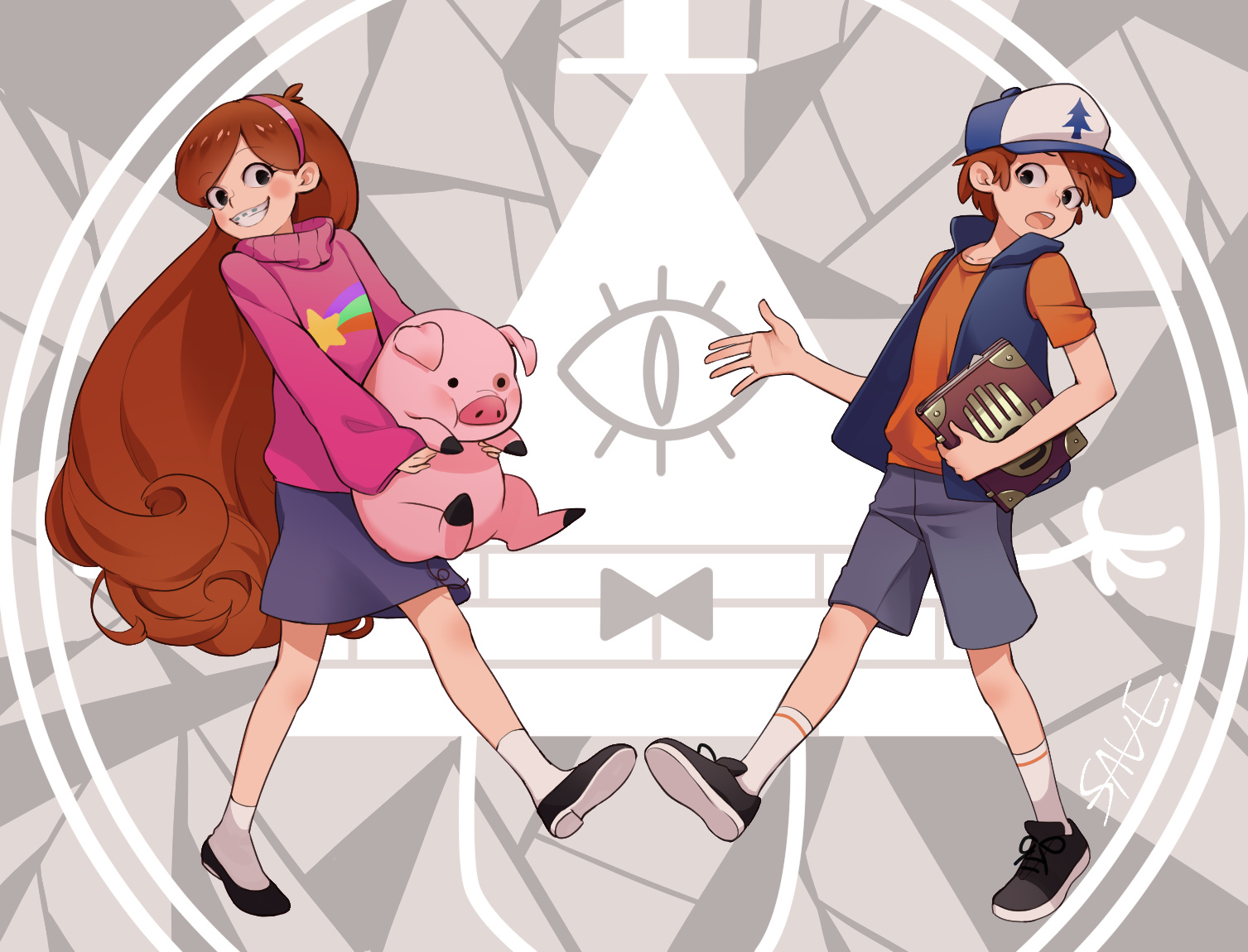 save (naita aooni), bill cipher, dipper pines, mabel pines, waddles, gravity falls, 1girl, baseball cap, book, braces, brother and sister, brown hair, hairband, hat, long hair, long sleeves, open mouth, pig, shirt, shoes, siblings, skirt, smile, socks, sweater, turtleneck, twins, two-tone hat