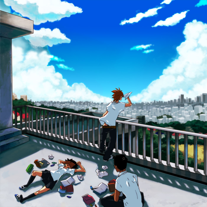 rugo, rugo (pixiv217058), konno makoto, mamiya chiaki, tsuda kousuke, toki wo kakeru shoujo, 00s, 1girl, 2boys, city, cityscape, cloud, day, multiple boys, rooftop, scenery, sky, sleeping