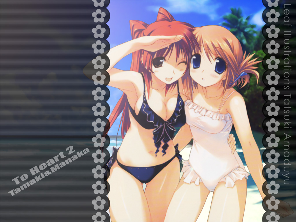 amazuyu tatsuki, komaki manaka, kousaka tamaki, to heart (series), to heart 2, non-web source, 00s, 2girls, armpits, beach, bikini, blue eyes, blush, breasts, brown hair, cleavage, cloud, day, folded ponytail, hair ornament, hairclip, hug, large breasts, looking at viewer, multiple girls, navel, one-piece swimsuit, one eye closed, outdoors, red hair, shading eyes, sky, smile, standing, swimsuit, twintails, wink, yellow eyes
