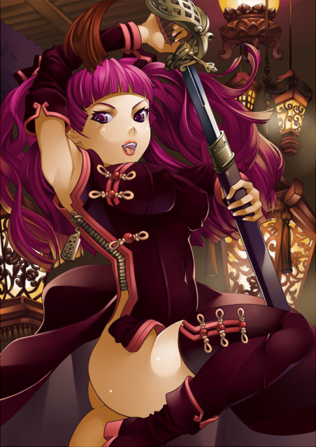 torigoe takumi, original, armpits, china dress, chinese clothes, covered erect nipples, detached sleeves, long hair, purple eyes, purple hair, rapier, sword, thighhighs, thighs, weapon, zipper