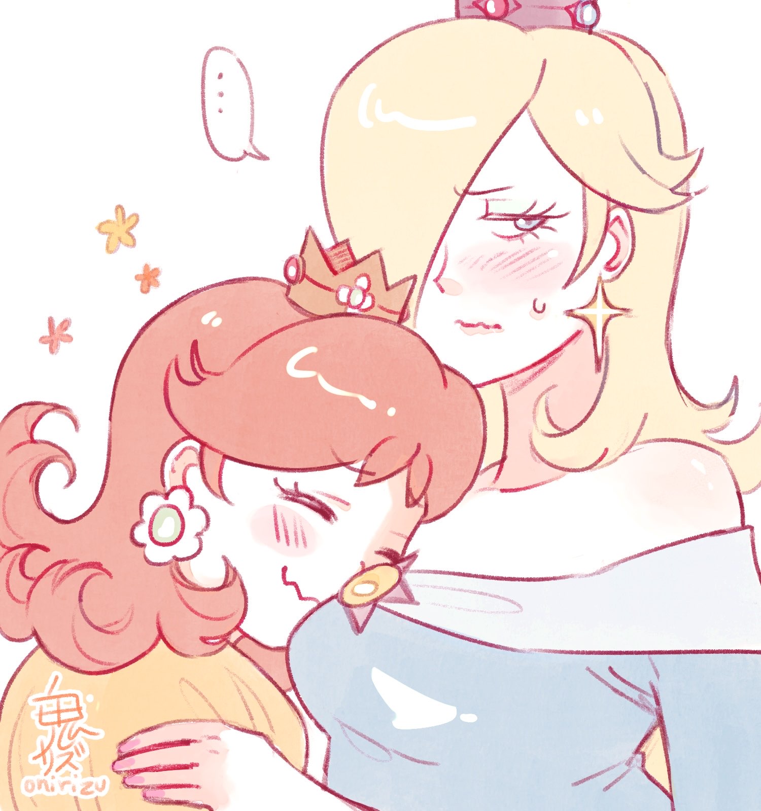 onirizu, princess daisy, rosalina, mario (series), nintendo, commentary, english commentary, highres, …, 2girls, artist name, blonde hair, blue dress, blush, brown hair, closed mouth, crown, dress, earrings, eyelashes, face to breasts, flower earrings, hair over one eye, hug, jewelry, long hair, looking to the side, multiple girls, short hair, spoken ellipsis, star (symbol), star earrings, upper body, yuri