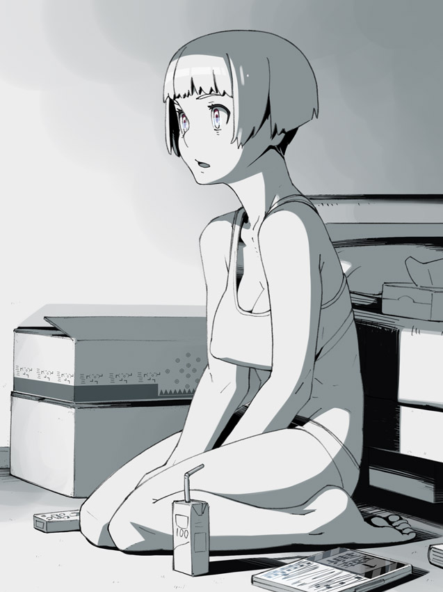 go robots, original, 1girl, blunt bangs, bob cut, box, bra, breasts, cardboard box, cleavage, controller, covered erect nipples, drink, female focus, greyscale, juice box, kneeling, lingerie, monochrome, open mouth, panties, remote control, short hair, sitting, solo, sports bra, strap gap, tissue, underwear, underwear only, wariza, watching