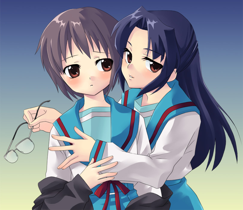 asakura ryoko, nagato yuki, suzumiya haruhi no shoushitsu, suzumiya haruhi no yuuutsu, silver hair, 00s, 10s, blue hair, blush, brown eyes, glasses, hug, long hair, school uniform, serafuku, short hair
