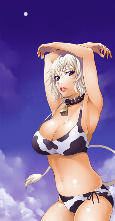 torigoe takumi, original, bad id, bad pixiv id, 1girl, animal print, armpits, arms up, bell, bikini, blue eyes, breasts, cleavage, cloud, collar, cow girl, cow print, cow tail, day, female focus, large breasts, lipstick, makeup, moon, neck bell, short hair, side-tie bikini bottom, sky, solo, swimsuit, tail, white hair