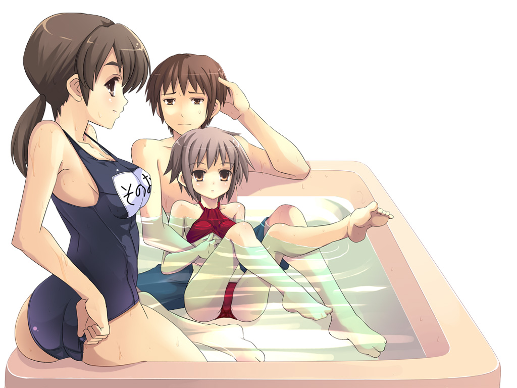 yuuji overall, kyon, mori sonou, nagato yuki, suzumiya haruhi no yuuutsu, 00s, 1boy, 2girls, adjusting clothes, adjusting swimsuit, ass, barefoot, bath, bathtub, bikini, black one-piece swimsuit, breasts, brown eyes, brown hair, clothes lift, feet, multiple girls, one-piece swimsuit, school swimsuit, shirt lift, swimsuit, underboob