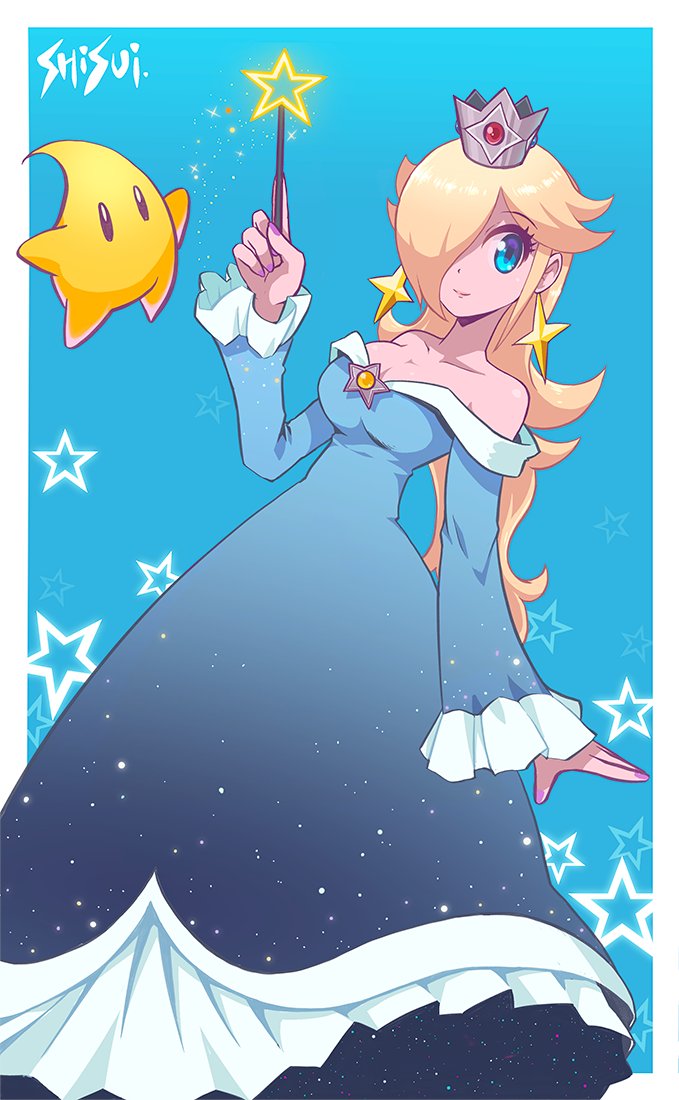 shisui, luma (mario), rosalina, mario (series), nintendo, super mario galaxy, 1girl, artist name, bare shoulders, blonde hair, blue background, blue dress, border, breasts, closed mouth, collarbone, crown, dress, eyelashes, hair between eyes, hair over one eye, holding, holding wand, long hair, long sleeves, looking at viewer, outside border, purple nails, smile, star (symbol), wand, white border