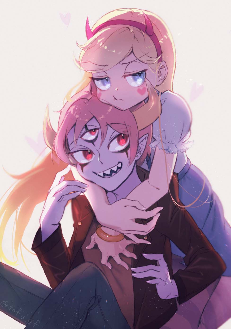 mameda toofu, star butterfly, tom lucitor, star vs the forces of evil, highres, 1boy, 1girl, black eyeliner, blonde hair, blue eyes, colored skin, demon boy, demon horns, denim, extra eyes, eyeliner, facial mark, fake horns, hairband, heart, heart cheeks, heart facial mark, hetero, horns, hug, hug from behind, jeans, jitome, long hair, makeup, marking on cheek, monster boy, pants, red eyes, sharp teeth, sitting, skirt, smile, suspender skirt, suspenders, teeth
