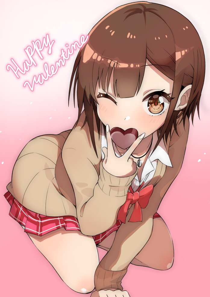 original, commentary request, 1girl, arm support, bow, bowtie, brown cardigan, brown eyes, brown hair, candy, cardigan, chocolate, chocolate heart, collared shirt, covering own mouth, food, gradient background, happy valentine, heart, heart-shaped food, holding, holding chocolate, holding food, jewelry, kneeling, long sleeves, looking at viewer, necklace, one eye closed, pink background, plaid clothes, plaid skirt, pleated skirt, red bow, red bowtie, red skirt, school uniform, shirt, short hair, skirt, solo, sumida yuuki, valentine, white shirt