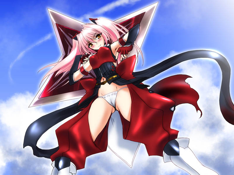 pin.x, shihoudou narika, choukou (alicesoft), choukou sennin haruka, 00s, blush, cloud, day, elbow gloves, fingerless gloves, gloves, long hair, panties, pink hair, sky, smile, solo, twintails, underwear, white panties, yellow eyes