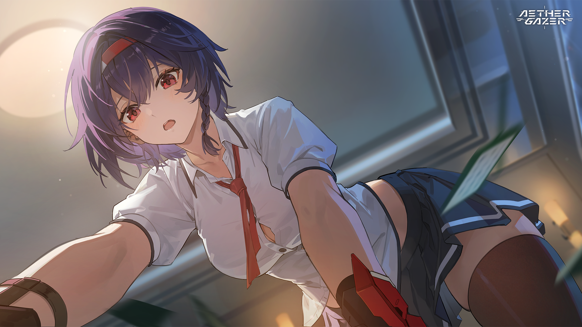 aether gazer, artist request, character request, highres, official art, second-party source, 1girl, bent over, black hair, black skirt, braid, breasts, buttons, collarbone, collared shirt, copyright name, hairband, looking at viewer, miniskirt, necktie, open mouth, red eyes, red hairband, red necktie, shirt, skirt, solo, thighhighs, white shirt
