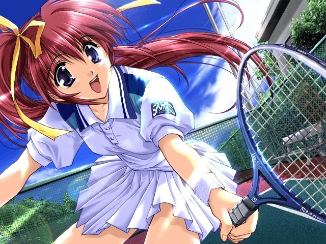 mitsumi misato, takase mizuki, comic party, game cg, non-web source, 00s, 1girl, blue eyes, bow, cloud, day, dutch angle, female focus, hair ribbon, lens flare, light rays, long hair, open mouth, perspective, ponytail, purple eyes, racket, red hair, ribbon, side ponytail, sky, smile, solo, sportswear, sunbeam, sunlight, tennis, tennis court, tennis racket, tennis uniform, yellow bow