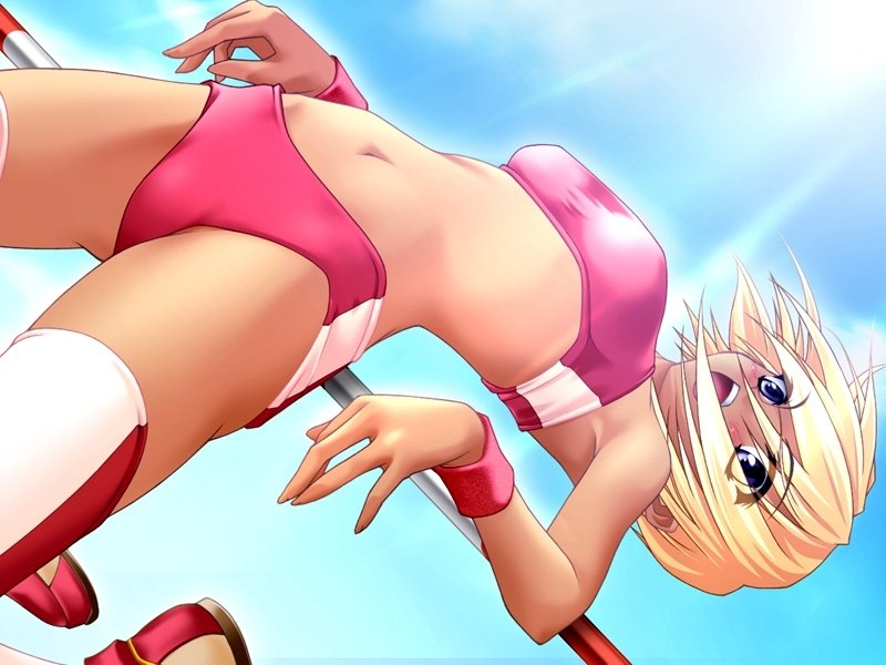 amane soh, sayorana etranger, game cg, non-web source, 1girl, arched back, bandeau bikini, blonde hair, blue eyes, breasts, buruma, dark-skinned female, dark skin, day, dutch angle, female focus, high jump, jumping, medium breasts, midriff, navel, open mouth, outdoors, pink buruma, pole, short hair, sky, solo, sports bra, sun, tan, thighhighs, track and field, wristband