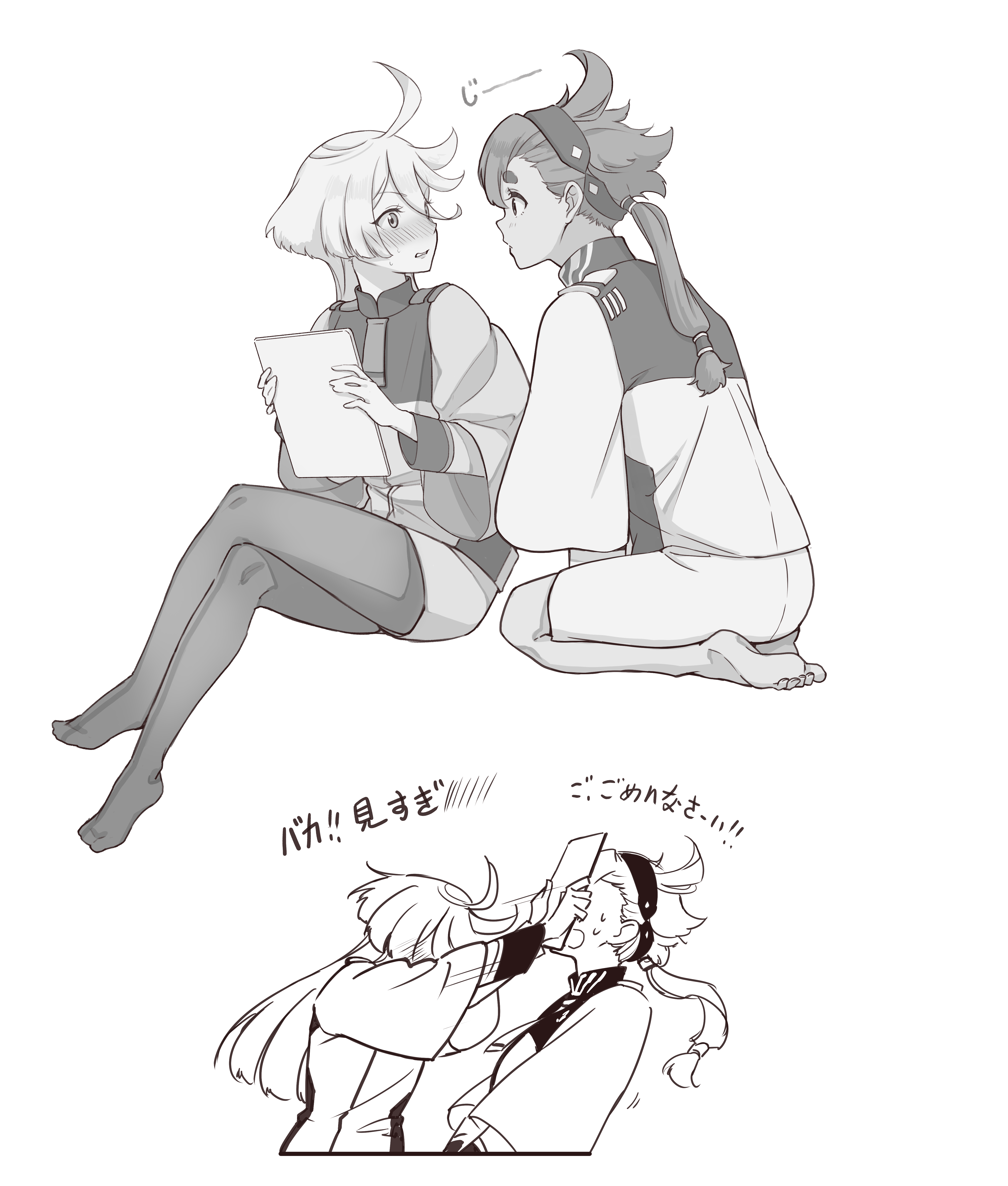 spoon (tamakakama), miorine rembran, suletta mercury, gundam, gundam suisei no majo, absurdres, commentary request, highres, translation request, 2girls, ahoge, asticassia school uniform, barefoot, blush, crossed legs, embarrassed, eye contact, feet, hairband, holding, holding tablet pc, long hair, looking at another, monochrome, multiple girls, no shoes, pantyhose, ponytail, school uniform, seiza, simple background, sitting, soles, staring, tablet pc, toes, white background, yuri