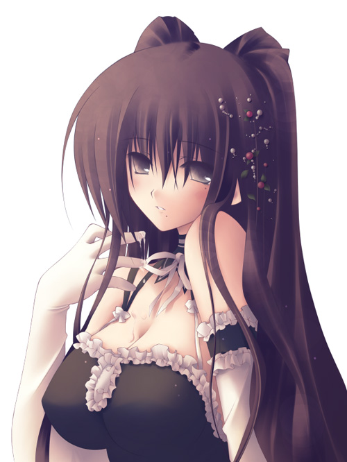 zinno, kousaka tamaki, oono kanako, genshiken, kore ga watashi no goshujin-sama, to heart (series), to heart 2, 1girl, arm garter, bare shoulders, blush, bow, breasts, brown eyes, brown hair, choker, cleavage, copyright name, cosplay, detached collar, elbow gloves, female focus, frills, gloves, kousaka tamaki (cosplay), large breasts, long hair, looking at viewer, maid, maid headdress, mole, mole under eye, nakabayashi yoshitaka's maid uniform, parted lips, simple background, solo, upper body, white background