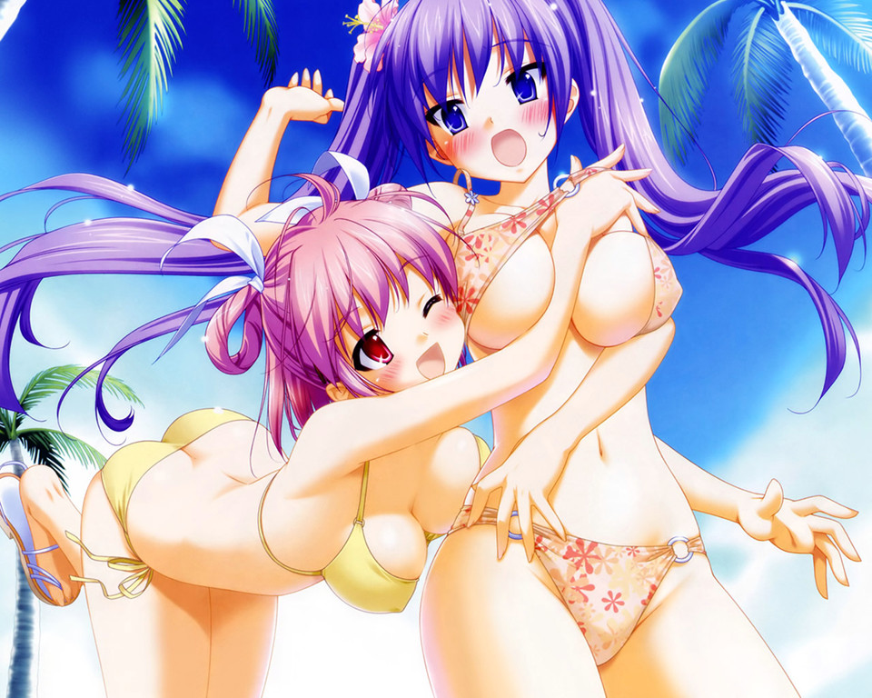 kani biimu, 2girls, beach, between breasts, bikini, bikini top lift, blue eyes, blush, breasts, clothes lift, clothes pull, covered erect nipples, day, flower, hair flower, hair ornament, hibiscus, hug, large breasts, lifting another's clothes, long hair, multiple girls, one-piece swimsuit pull, one eye closed, open mouth, palm tree, pink hair, purple hair, red eyes, sandals, side-tie bikini bottom, swimsuit, tree, twintails, very long hair, wink