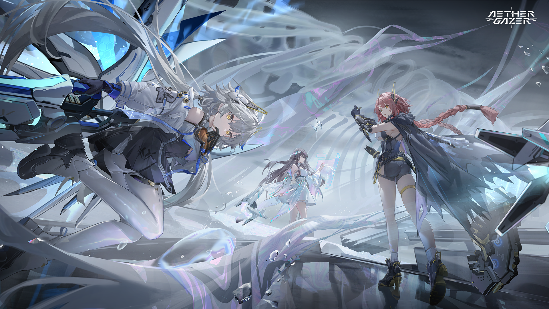 aether gazer, artist request, character request, highres, official art, second-party source, 3girls, ass, black cape, black gloves, black hair, black shoes, black shorts, black skirt, braid, breasts, cape, closed mouth, copyright name, dress, gloves, grey hair, grey pantyhose, headgear, high-waist skirt, holding, holding weapon, long hair, multiple girls, pantyhose, red hair, reflective floor, shoes, short shorts, shorts, skirt, thigh strap, twin braids, weapon, white dress, yellow eyes