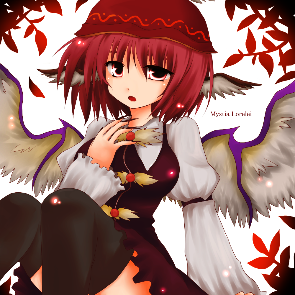 suna kiririto, mystia lorelei, touhou, 1girl, female focus, hat, plant, red eyes, red hair, short hair, sitting, solo, white background, wings