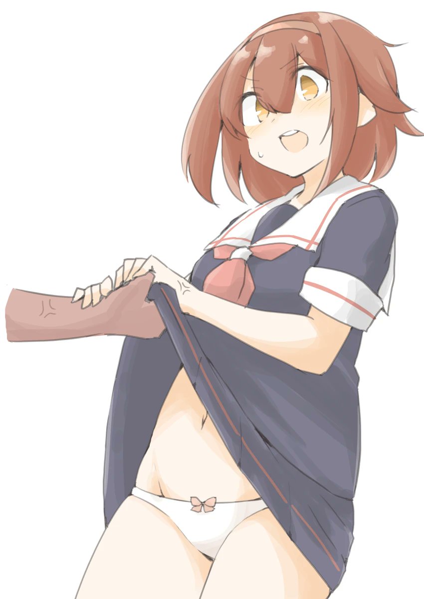 akara kai, shiratsuyu (kancolle), kantai collection, highres, 1girl, 1other, assisted exposure, black serafuku, black shirt, black skirt, bow, bow panties, brown eyes, brown hair, clothes lift, cowboy shot, hairband, neckerchief, open mouth, panties, pleated skirt, red hairband, red neckerchief, round teeth, sailor collar, school uniform, serafuku, shirt, short hair, short sleeves, simple background, skirt, skirt lift, solo focus, teeth, underwear, upper teeth only, white background, white panties, white sailor collar