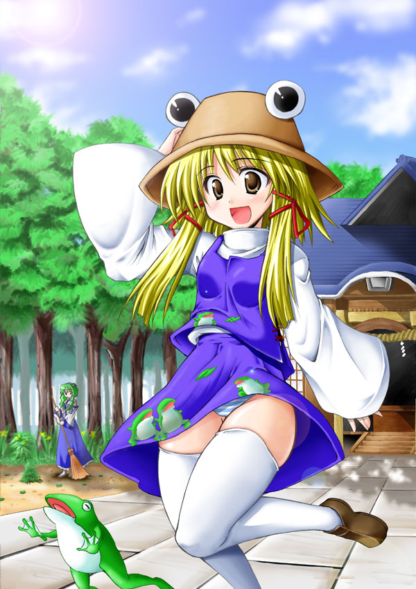 matsugami kurare, kochiya sanae, moriya suwako, touhou, 2girls, blonde hair, female focus, forest, frog, green hair, hat, japanese clothes, long hair, miko, multiple girls, nature, outdoors, panties, plant, ribbon, short hair, skirt, sky, striped clothes, striped panties, thighhighs, underwear, zettai ryouiki