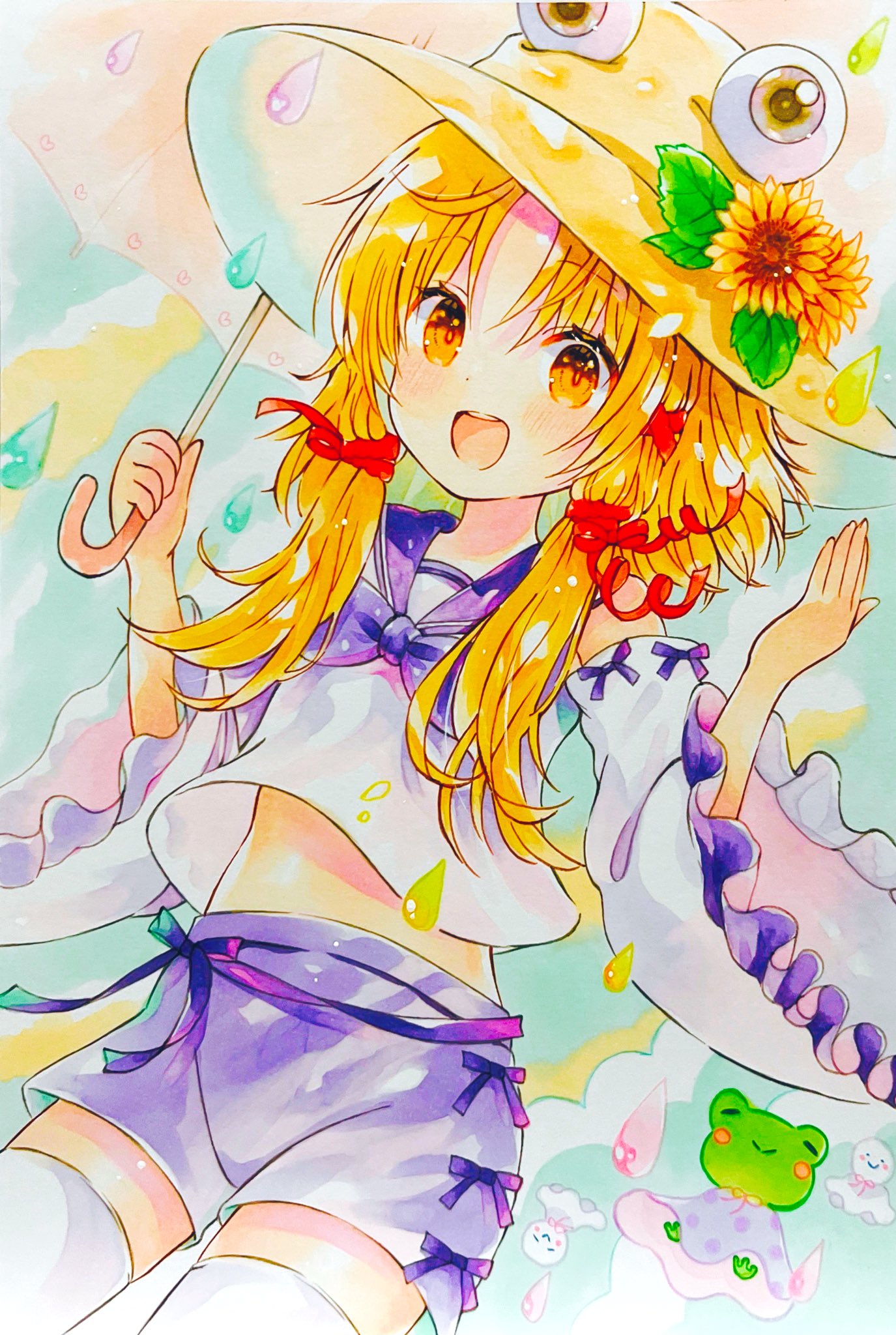 yuzugoori, moriya suwako, touhou, highres, traditional media, 1girl, :d, blonde hair, detached sleeves, flower, frilled sleeves, frills, frog, hair ribbon, hat, hat flower, hat ornament, holding, holding umbrella, leaf hat ornament, long hair, long sleeves, looking at viewer, open mouth, parted bangs, purple ribbon, purple sailor collar, purple shorts, red ribbon, ribbon, sailor collar, sailor shirt, shirt, shorts, sleeveless, sleeveless shirt, smile, solo, sunflower, teruterubouzu, thighhighs, tress ribbon, umbrella, water drop, white shirt, white sleeves, white thighhighs, yellow eyes, yellow flower, yellow hat, zettai ryouiki