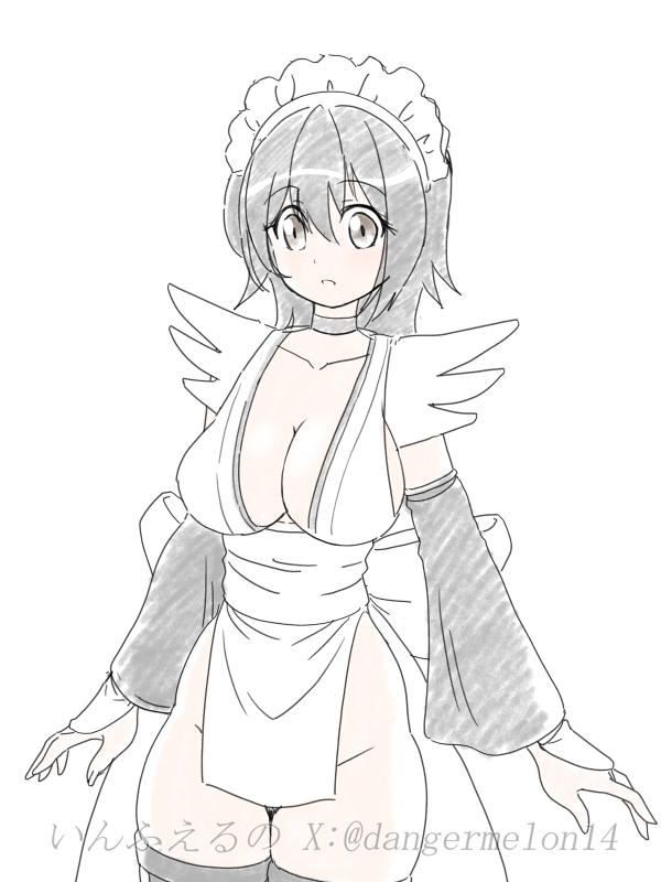 iroha (samurai spirits), samurai spirits, snk, 1girl, black hair, breasts, cleavage, collarbone, dangermelon14, detached sleeves, large breasts, maid headdress, sideboob, solo, thighhighs