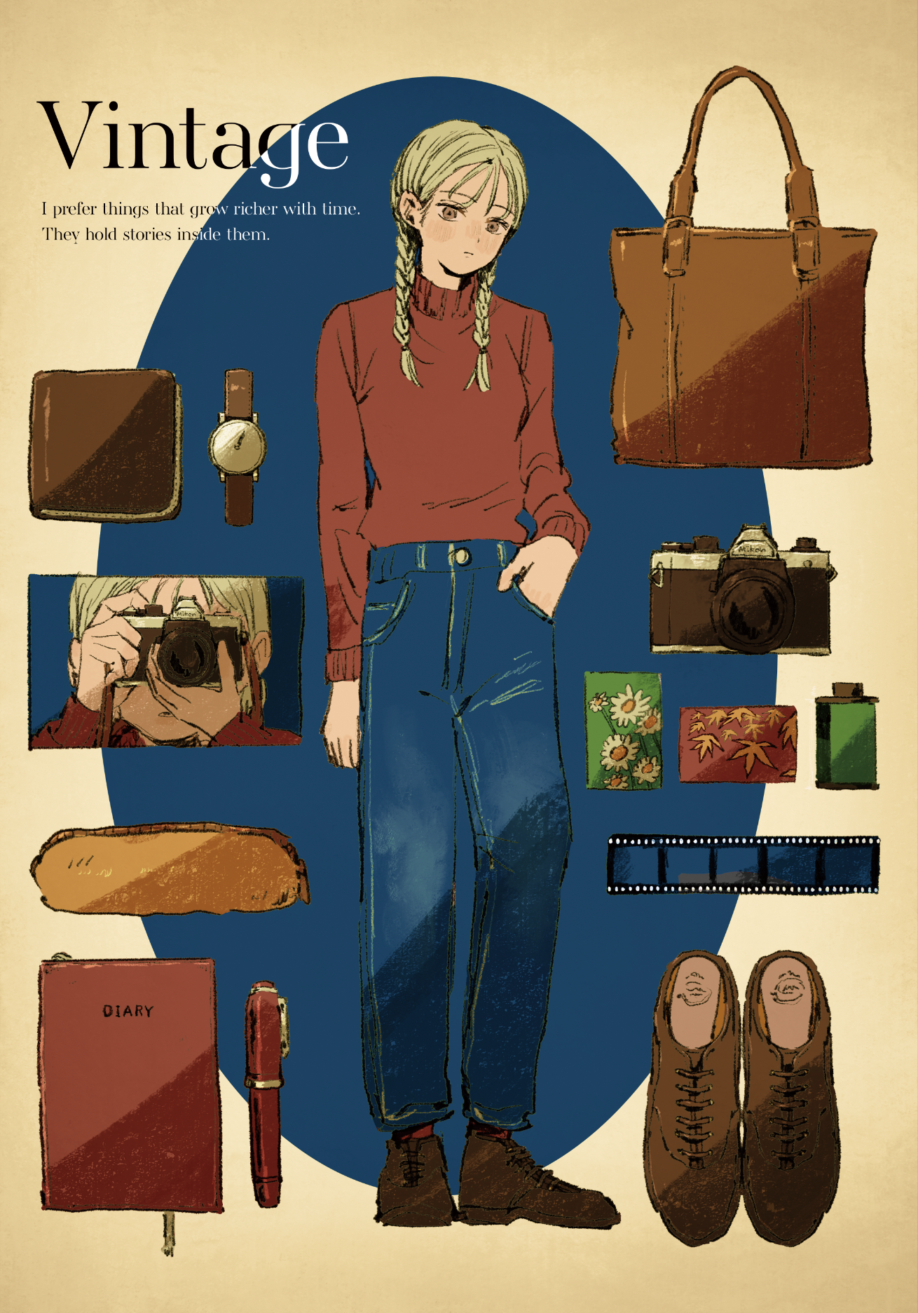 karasane03, original, commentary, commentary request, english commentary, highres, mixed-language commentary, 1girl, arm at side, bag, blonde hair, blue background, blue pants, book, braid, brown bag, brown hair, brown shoes, camera, closed mouth, denim, diary, english text, film canister, film strip, floral print, full body, hand in pocket, handbag, holding, holding camera, jeans, long hair, long sleeves, looking at viewer, pants, pen, pencil case, red sweater, shoes, solo, standing, sweater, sweater tucked in, taking picture, turtleneck, turtleneck sweater, twin braids, two-tone background, unworn bag, unworn shoes, unworn wristwatch, wallet, watch, wristwatch, yellow background