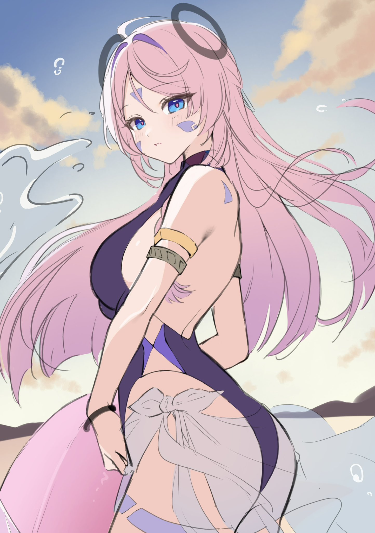 chobonu, citlali (genshin impact), genshin impact, highres, 1girl, ass, facial mark, floating headgear, forehead mark, headgear, pink hair, pink pupils, ring hair ornament, sarong, see-through clothes, see-through sarong, solo, thigh marking, triangle, triangle facial mark