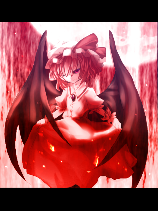 kiyomin, remilia scarlet, touhou, bad id, bad pixiv id, 1girl, female focus, hat, letterboxed, moon, outdoors, ribbon, short hair, sky, solo, wings