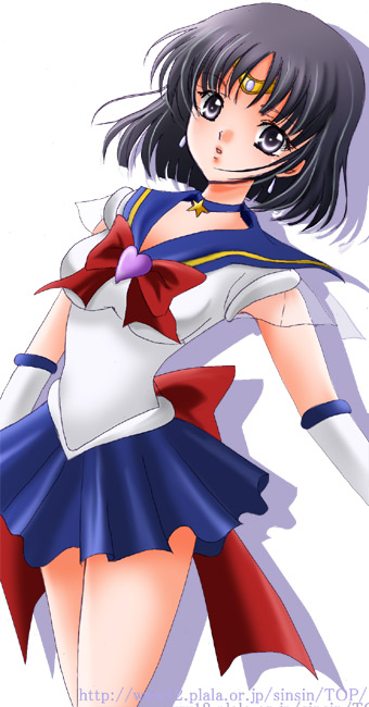 sinko (sinsin), sailor saturn, super sailor saturn, tomoe hotaru, bishoujo senshi sailor moon, 1990s (style), 1girl, black hair, bob cut, bow, brooch, choker, circlet, earrings, elbow gloves, female focus, gloves, heart, heart brooch, jewelry, magical girl, purple eyes, purple skirt, red bow, retro artstyle, skirt, solo, tiara, watermark, web address, white background, white gloves