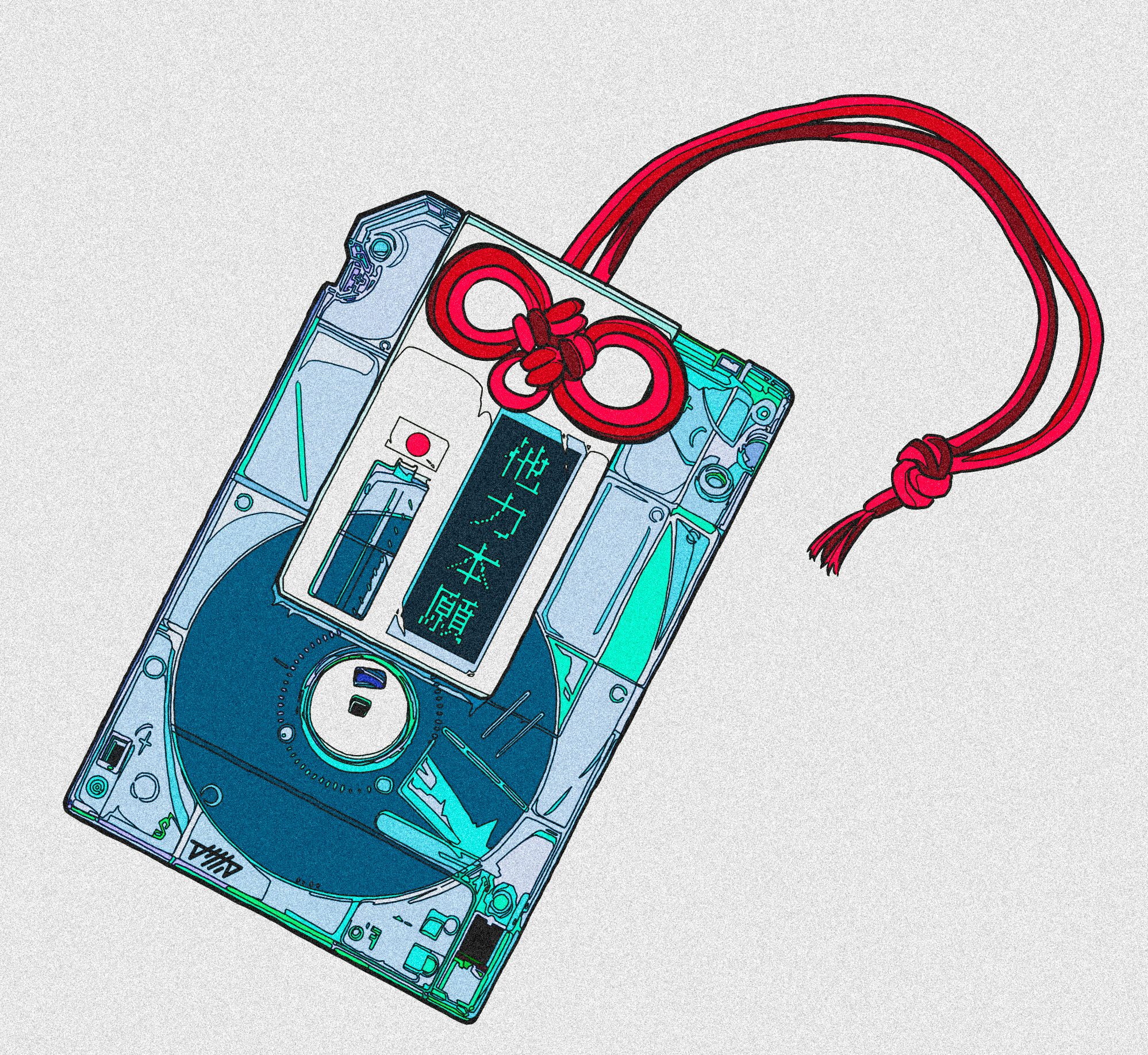 harusameriburo, original, commentary, highres, translation request, floppy disk, grey background, japanese flag, no humans, omamori, red ribbon, ribbon, translucent