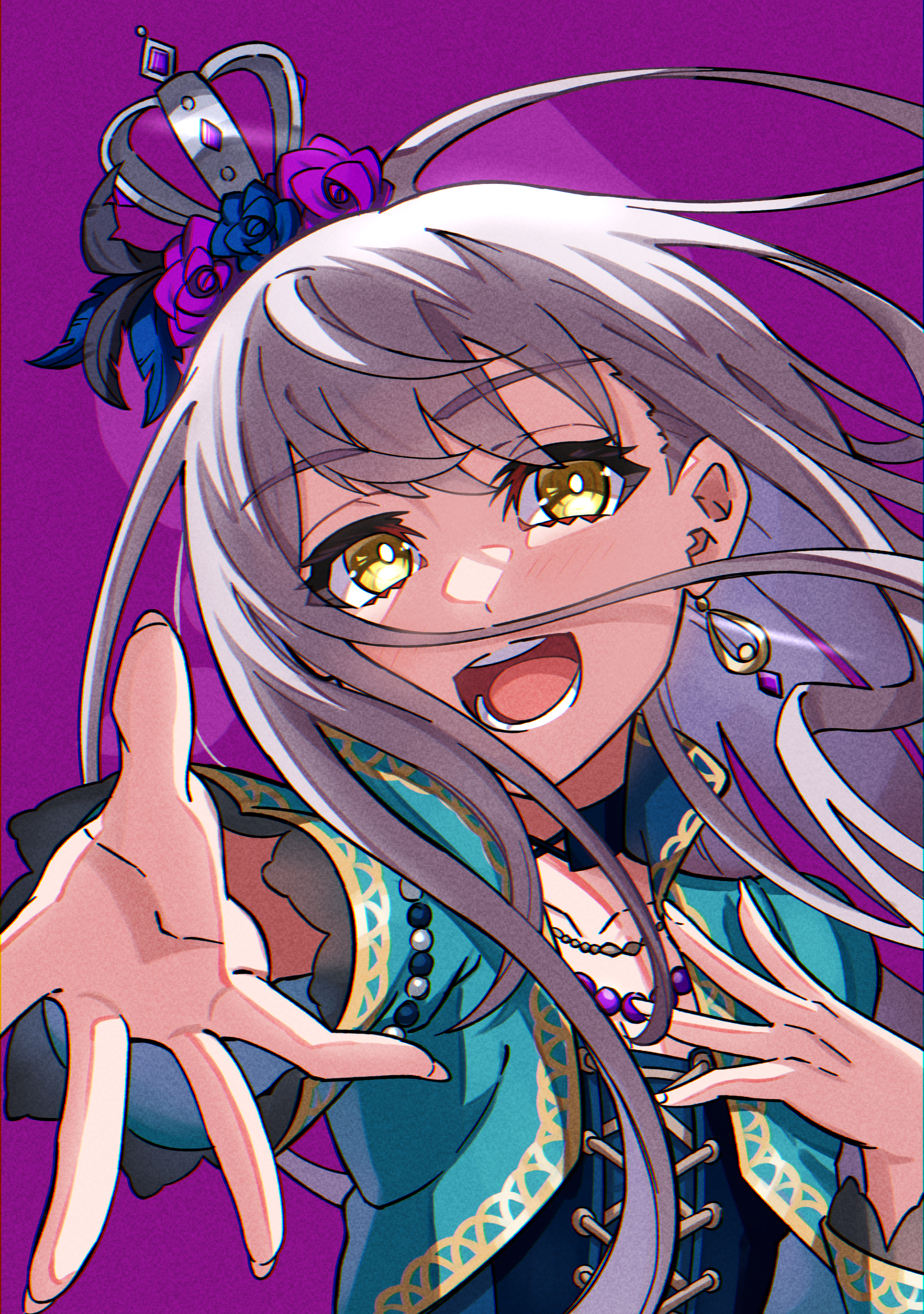 junji 17, minato yukina, bang dream!, absurdres, commentary, highres, 1girl, black choker, blue jacket, blue shirt, choker, crown, earrings, floating hair, flower, grey hair, jacket, jewelry, long hair, long sleeves, mini crown, necklace, open clothes, open jacket, open mouth, purple background, purple flower, purple rose, rose, shirt, solo, teeth, upper body, yellow eyes