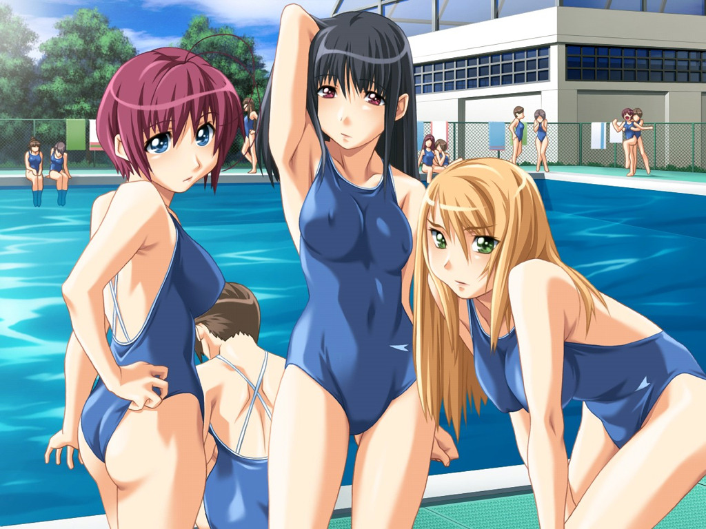 gentle sasaki, sakurazawa rumina, suzuki akiko, tachikawa masumi, omoi dezaka, 6+girls, adjusting clothes, adjusting swimsuit, arm up, armpits, back, bare shoulders, bent over, black hair, blonde hair, blue eyes, breasts, chain-link fence, covered erect nipples, everyone, fence, grabbing another's breast, green eyes, groping, long hair, looking at viewer, medium breasts, multiple girls, one-piece swimsuit, pool, poolside, purple eyes, purple hair, reach-around, red hair, school, school swimsuit, short hair, sitting, skin tight, swimsuit, tree