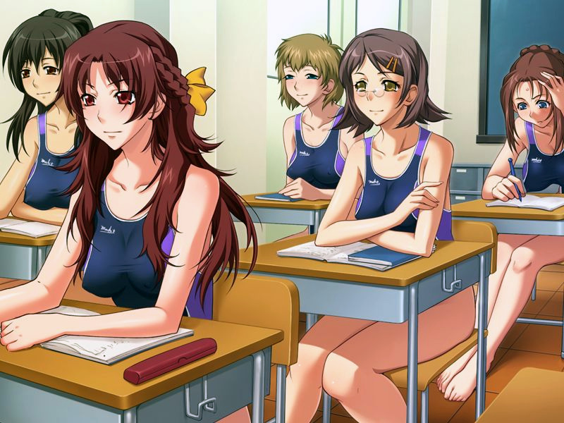 yoshino keiko, horiguchi etsuko, kurihara chisato, black rainbow, ura saiminjutsu 2, character request, game cg, 5girls, barefoot, black hair, blonde hair, blue eyes, braid, breasts, brown hair, chair, classroom, competition swimsuit, covered erect nipples, desk, everyone, glasses, half up braid, indoors, large breasts, long hair, medium breasts, multiple girls, on chair, one-piece swimsuit, pince-nez, school, school desk, school swimsuit, short hair, sitting, swimsuit