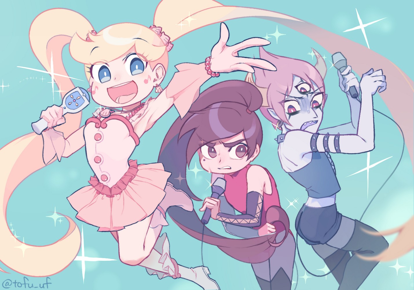 mameda toofu, marco diaz, star butterfly, tom lucitor, star vs the forces of evil, 2boys, alternate costume, blonde hair, blue eyes, brown hair, colored skin, crossdressing, crossdressing (mtf), dress, facial mark, heart, heart facial mark, holding, horns, long hair, marking on cheek, microphone, mole, mole under eye, multiple boys, open mouth, shirt, smile, twintails