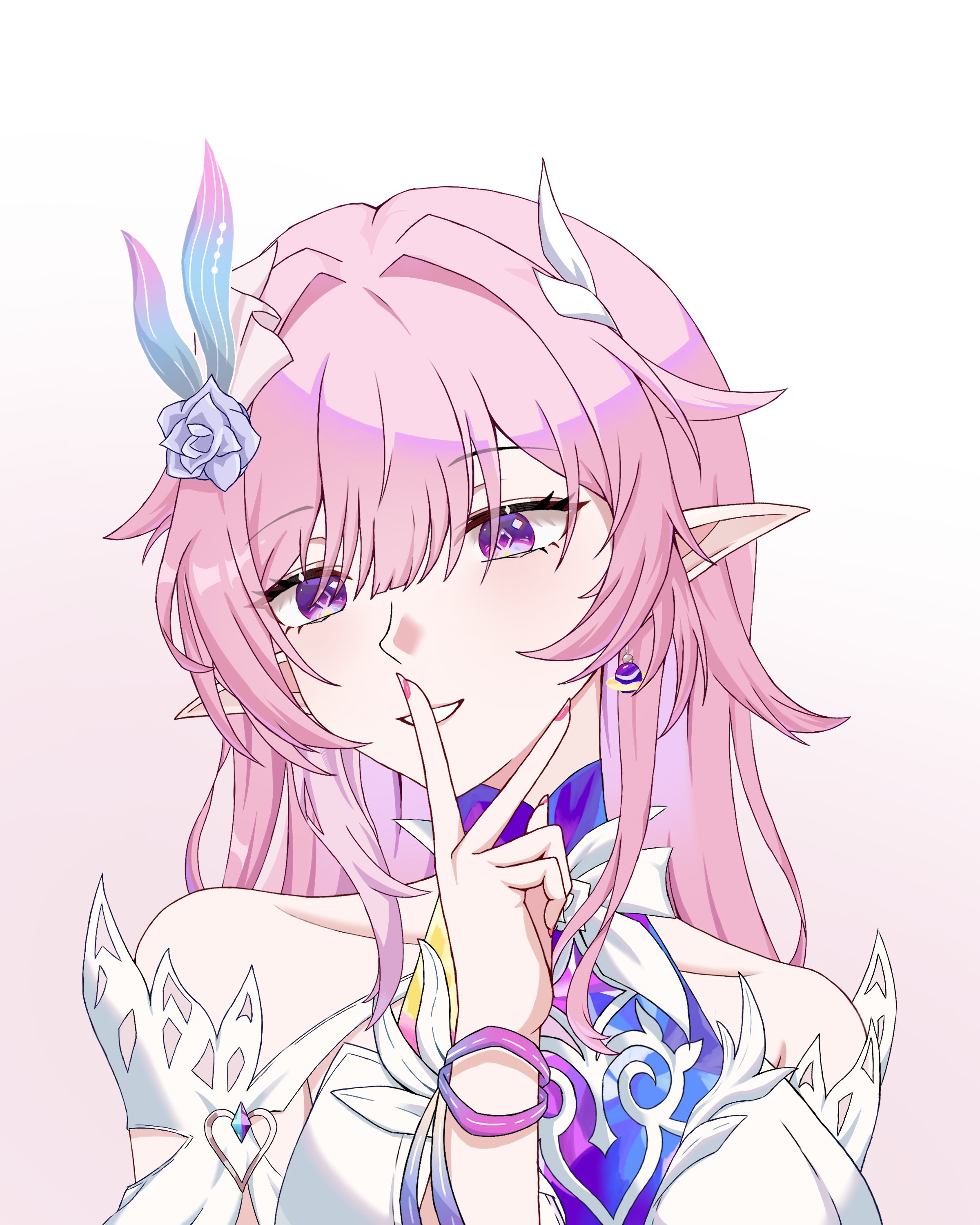 cyrene (honkai: star rail), cyrene (ripples of past reverie) (honkai: star rail), honkai: star rail, honkai (series), absurdres, commentary, highres, 1girl, bare shoulders, breasts, detached sleeves, dress, earrings, finger to mouth, flower, hair flower, hair ornament, jewelry, large breasts, long hair, pink hair, pointy ears, purple eyes, shushing, simple background, solo, twi su2, upper body, very long hair, white background, white dress