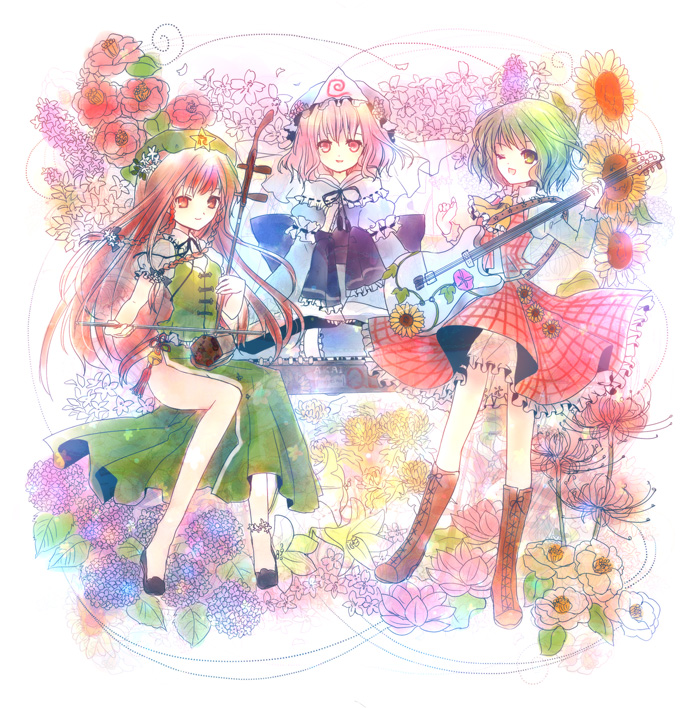 torii sumi, hong meiling, kazami yuuka, saigyouji yuyuko, touhou, 3girls, anklet, ascot, bloom, boots, braid, camellia, cherry blossoms, china dress, chinese clothes, chrysanthemum, dress, erhu, female focus, flower, green hair, guitar, hat, hydrangea, instrument, jewelry, lace-up boots, light smile, lily (flower), long hair, lotus, morning glory, multiple girls, piano, pink hair, plaid clothes, plaid skirt, plaid vest, red flower, red hair, short hair, skirt, skirt set, smile, spider lily, sunflower, twin braids, vest