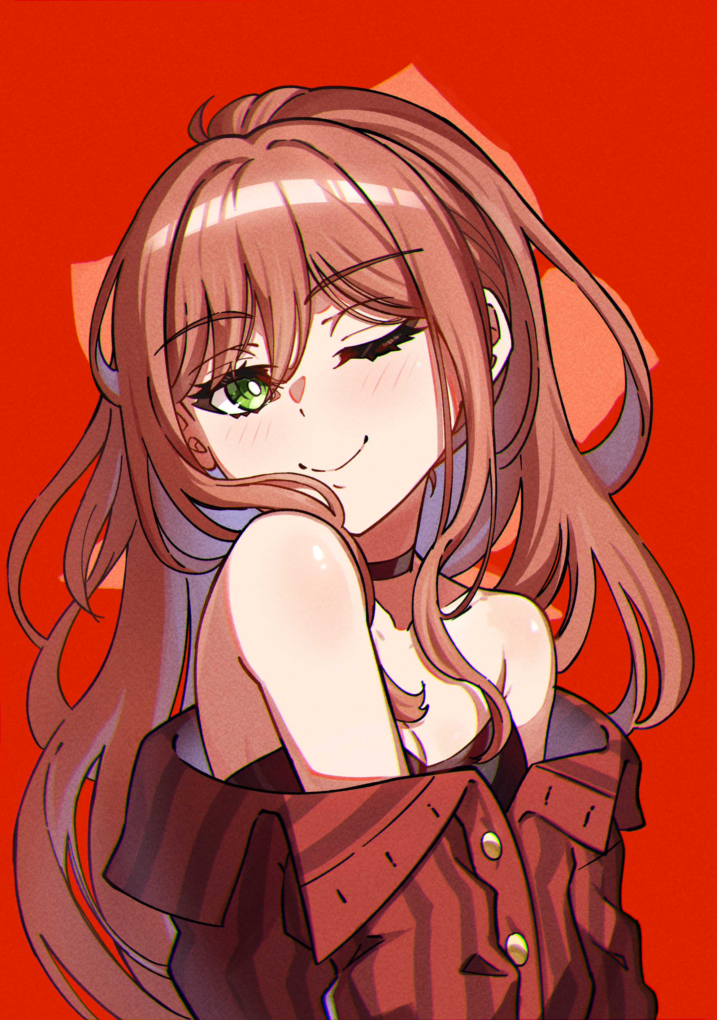 junji 17, imai lisa, bang dream!, absurdres, commentary, highres, 1girl, black choker, black shirt, blush, brown hair, choker, closed mouth, green eyes, half updo, looking at viewer, off shoulder, one eye closed, orange eyes, red shirt, shirt, solo, strapless, strapless shirt, undershirt, upper body