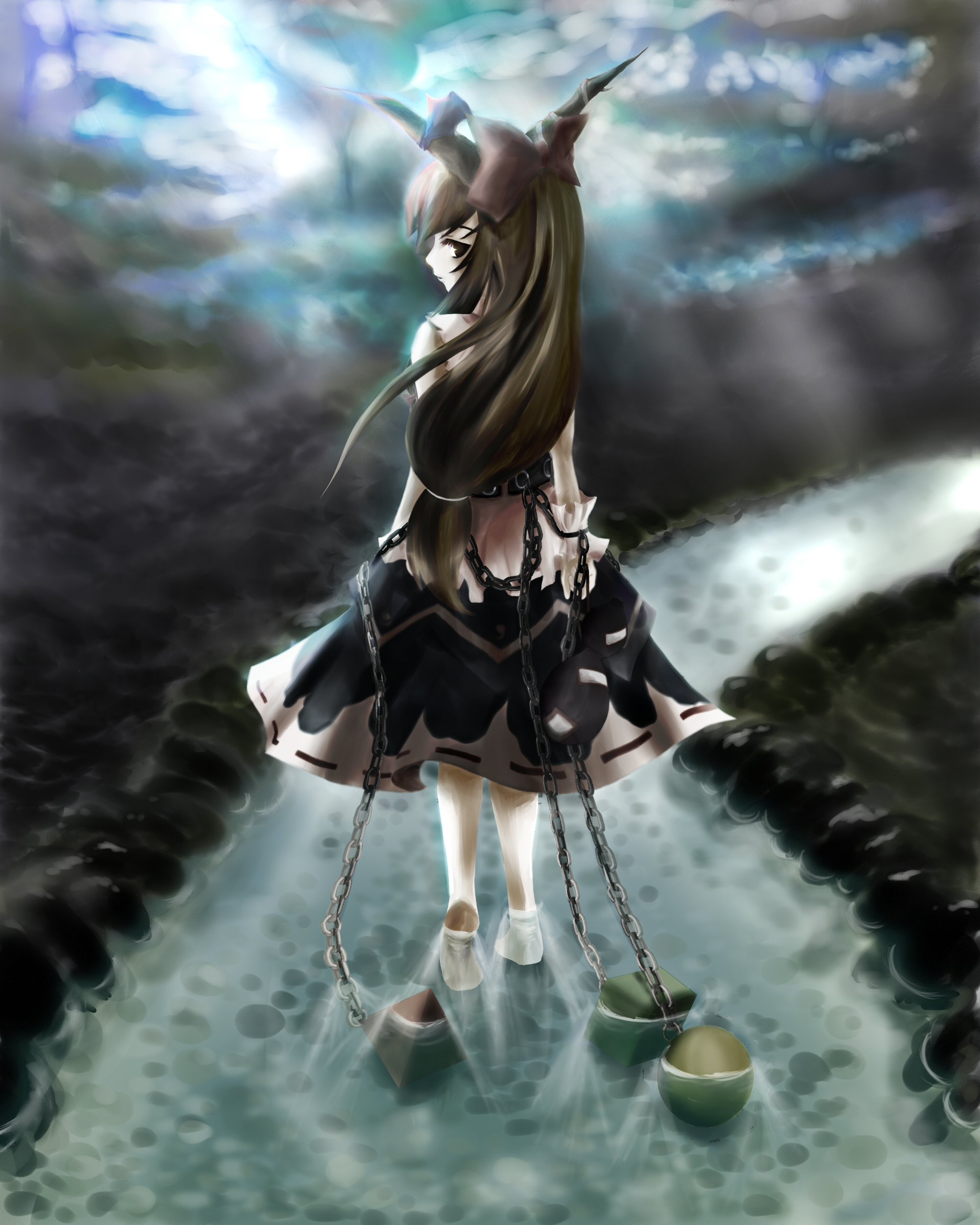 asparagus (artist), asparagus (peaceibakei), ibuki suika, touhou, absurdres, highres, 1girl, blouse, chain, female focus, horns, long hair, low-tied long hair, ribbon-trimmed skirt, ribbon trim, shirt, sleeveless, sleeveless shirt, solo, water