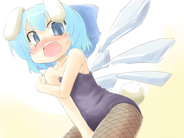 kakkou, cirno, touhou, bad id, bad pixiv id, 1girl, animal ears, blue eyes, blue hair, bow, female focus, fishnet pantyhose, fishnets, matching hair/eyes, open mouth, pantyhose, playboy bunny, rabbit ears, ribbon, short hair, solo, wings